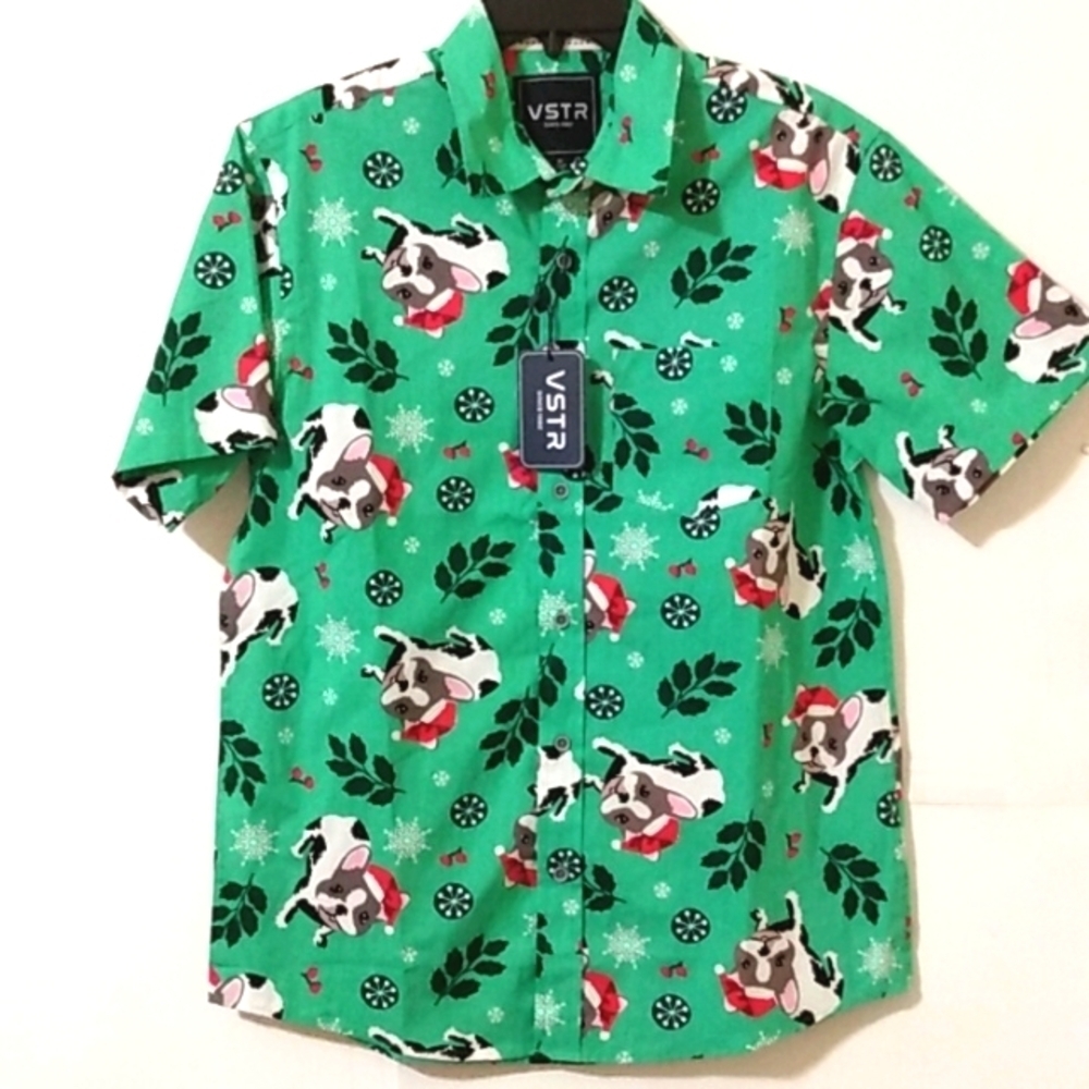 VSTR BULLDOG SANTA GREEN CASUAL SHORT SLEEVE BUTTON-UP SHIRT SIZE MEDIUM NWT